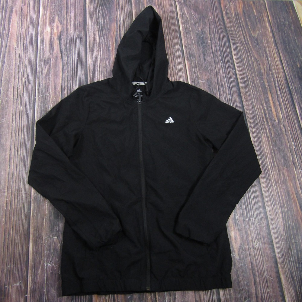 Adidas Jacket Mens S Black Hooded Full Zip Windbreaker Lightweight Golf Sport
